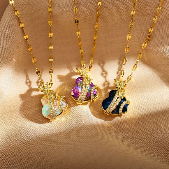 3/$35 18K Gold Plated Pendant Necklace Heart Butterfly Purple Cubic Zirconia - Picture 4 of 7